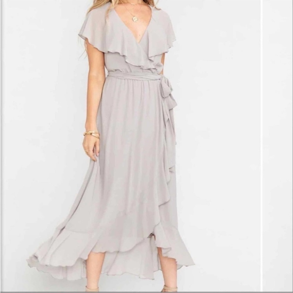 NWT Show Me Your Mumu Dress MUMU Jess Ruffle MIDI Dress Dove Grey Chiffon - Picture 6 of 9